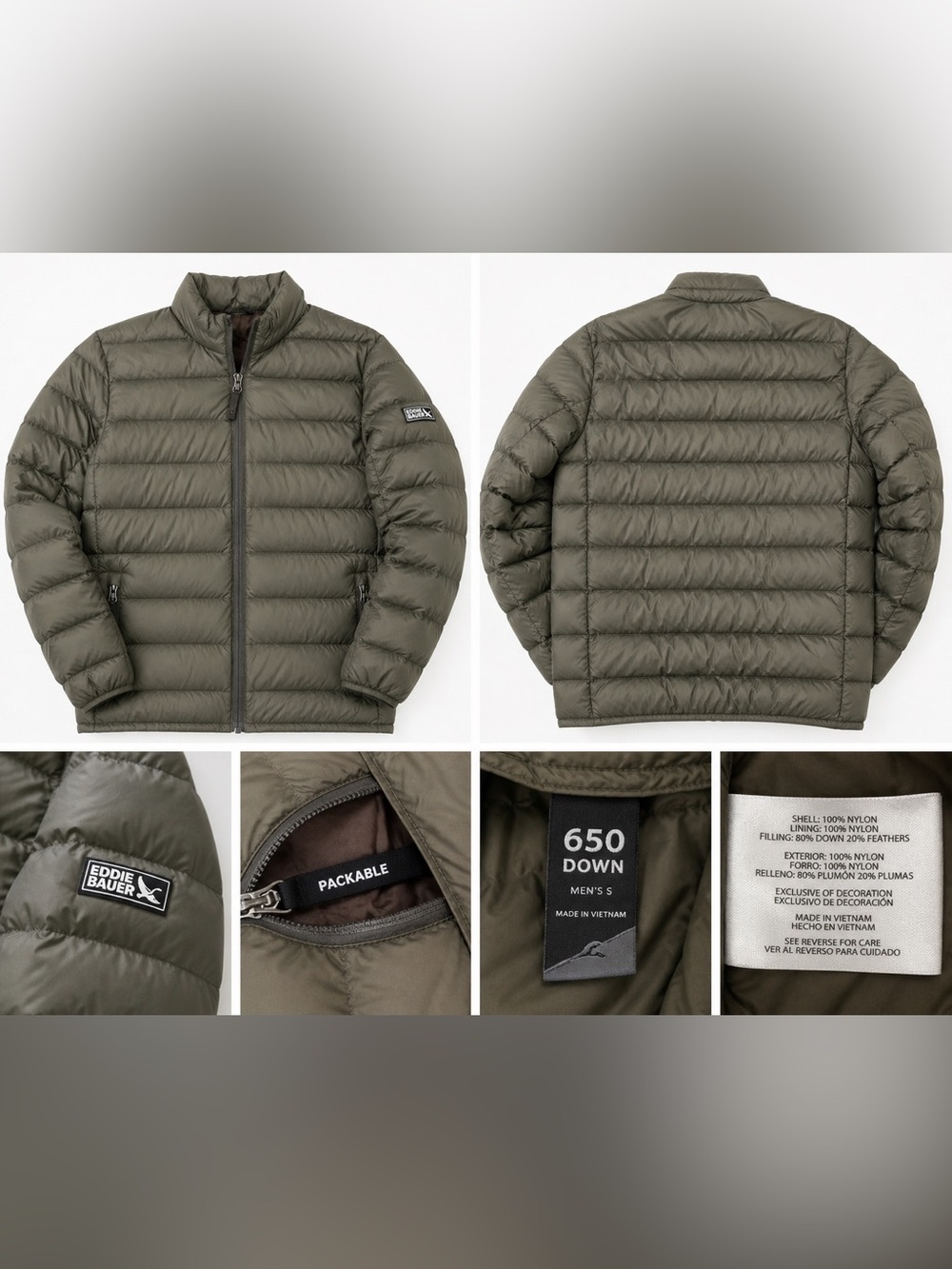 Eddie Bauer Men’s Packable 650 Down Puffer Jacket Dusky Green Small